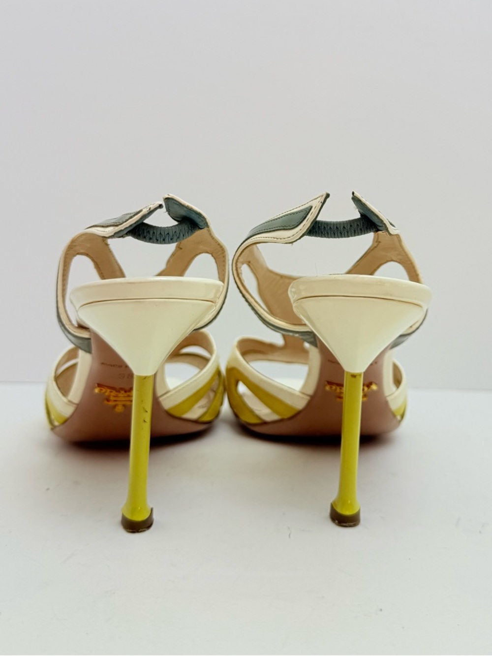 Prada 2012 Hot Rod Flame Patent Cutout Slingback Heels 38 Ivory Yellow Sage - Picture 7 of 13